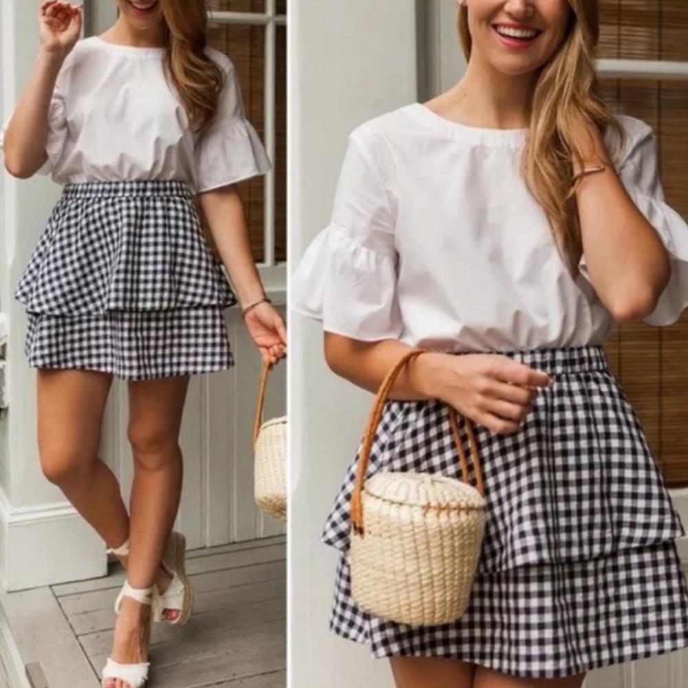 MADEWELL Gingham Tiered Linen Cotton Blend Skirt